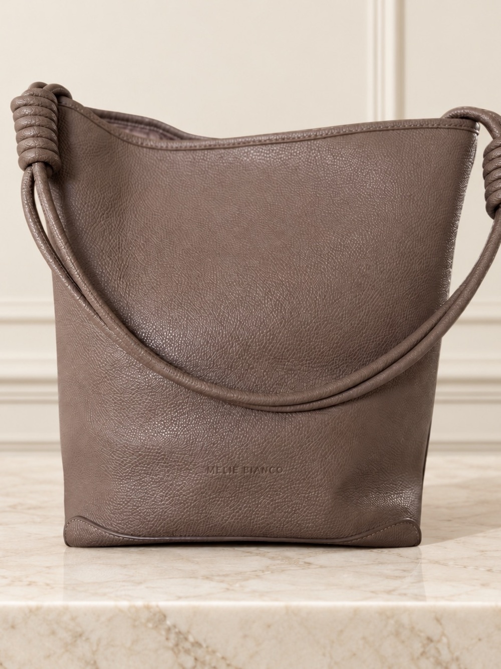 Melie Bianco Taupe Vegan Leather Knotted Strap Bucket Shoulder Bag